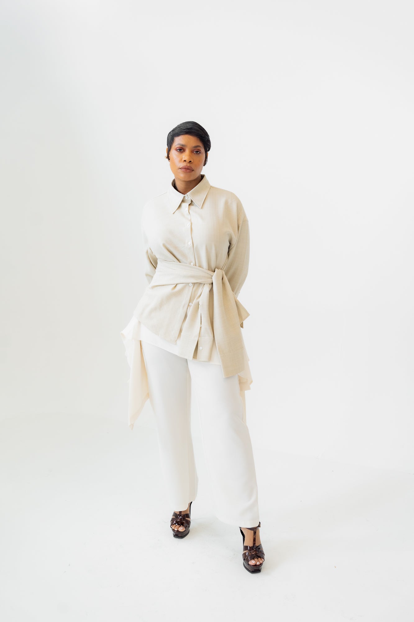Structured Tie-Waist Button-Up Shirt – Oatmeal Beige